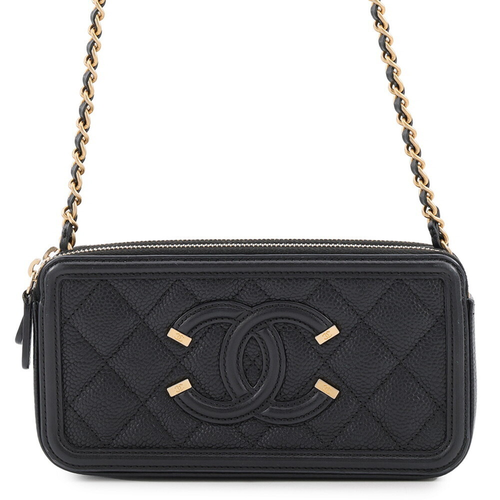 Chanel Chain Wallet CC Filigree Caviar Skin A84450 CHANEL Long Black Women's ...